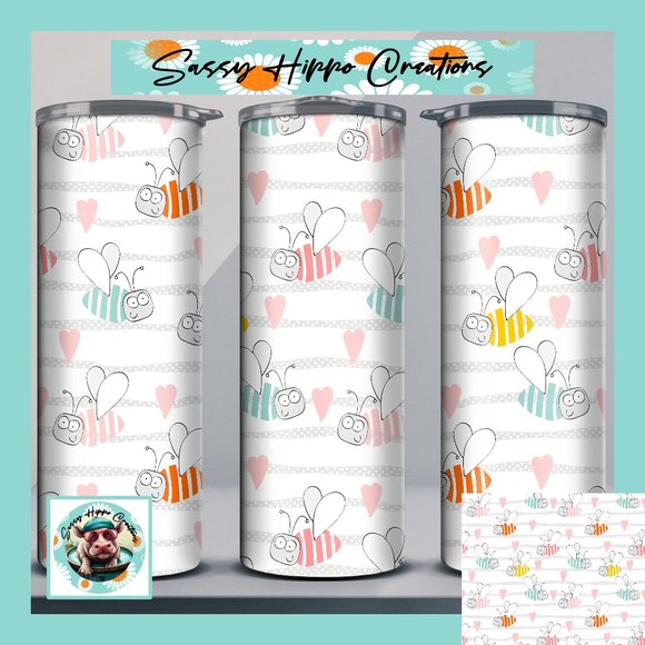 Skinny Tumbler Colorful Striped Bumble Bees Pink Heart Sublimate Stainless-Steel - Picture 1 of 7